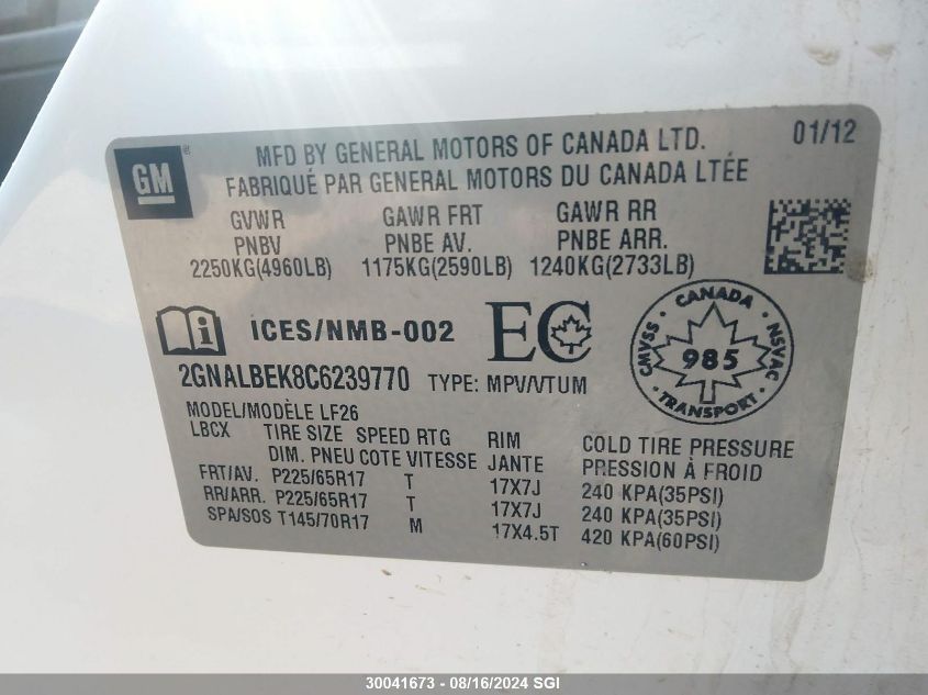 2012 Chevrolet Equinox Ls VIN: 2GNALBEK8C6239770 Lot: 30041673