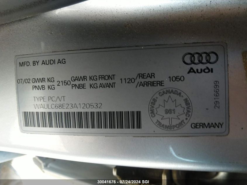2003 Audi A4 1.8T Quattro VIN: WAULC68E23A120532 Lot: 30041676