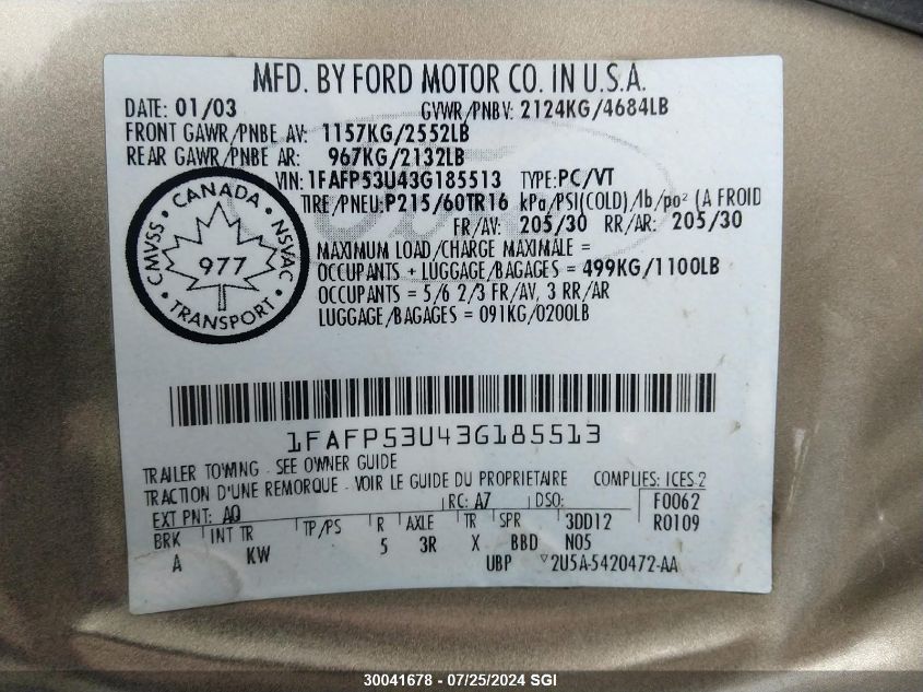 2003 Ford Taurus Se VIN: 1FAFP53U43G185513 Lot: 30041678