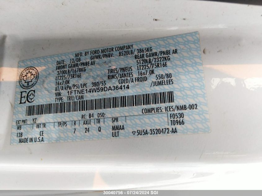 2009 Ford Econoline E150 Van VIN: 1FTNE14W59DA36414 Lot: 30040756