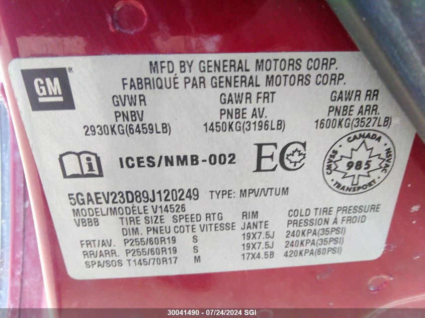 2009 Buick Enclave Cxl VIN: 5GAEV23D89J120249 Lot: 30041490