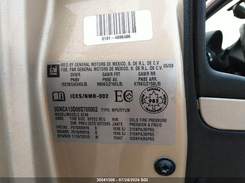 2008 Chevrolet Hhr Ls VIN: 3GNCA13D08S700062 Lot: 30041508