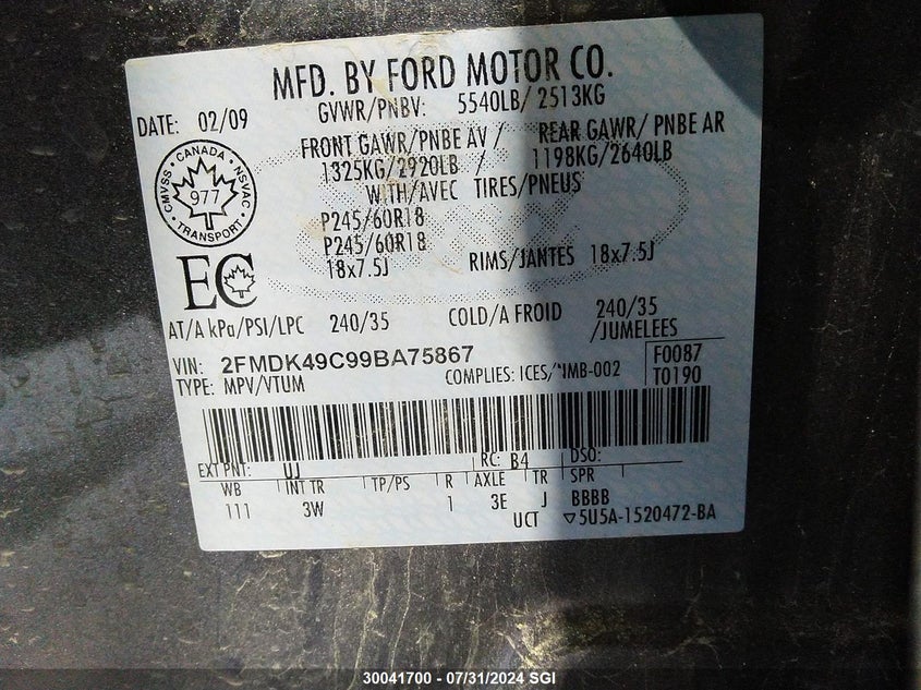 2009 Ford Edge Limited VIN: 2FMDK49C99BA75867 Lot: 30041700