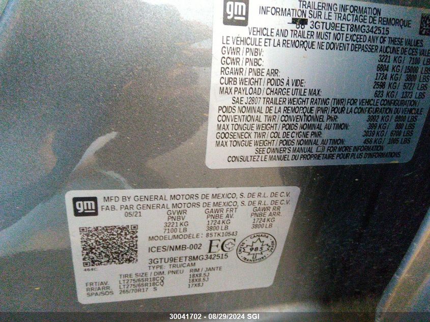 2021 GMC Sierra K1500 At4 VIN: 3GTU9EET8MG342515 Lot: 30041702