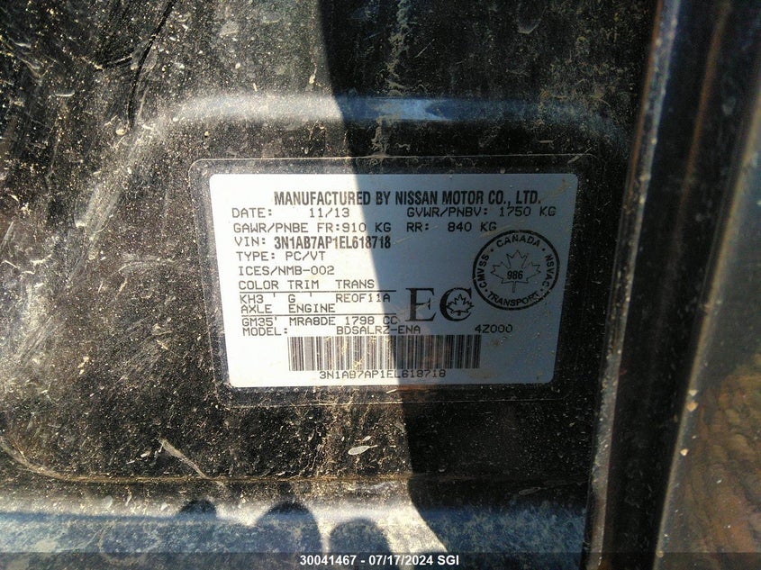 2014 Nissan Sentra S/Sv/Sr/Sl VIN: 3N1AB7AP1EL618718 Lot: 30041467
