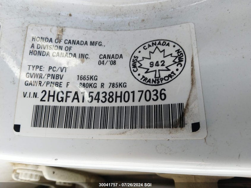 2008 Honda Civic Dx-G VIN: 2HGFA15438H017036 Lot: 30041757