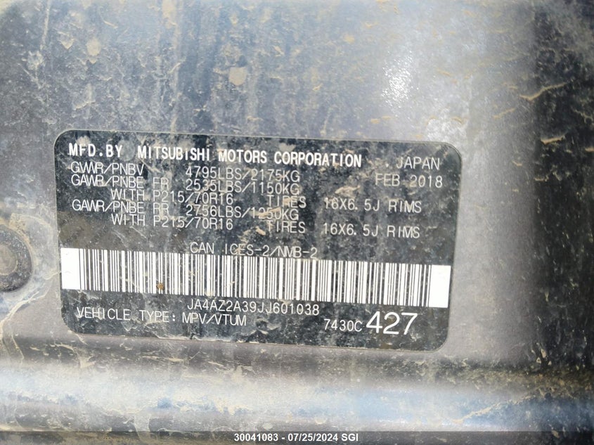 2018 Mitsubishi Outlander Es VIN: JA4AZ2A39JJ601038 Lot: 30041083