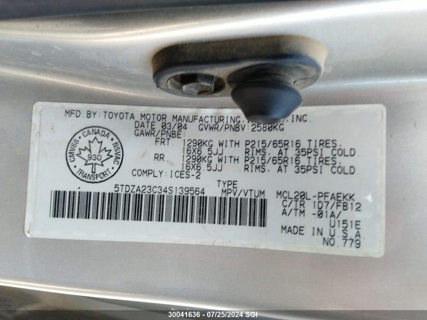 2004 Toyota Sienna Ce/Le VIN: 5TDZA23C34S139564 Lot: 30041636