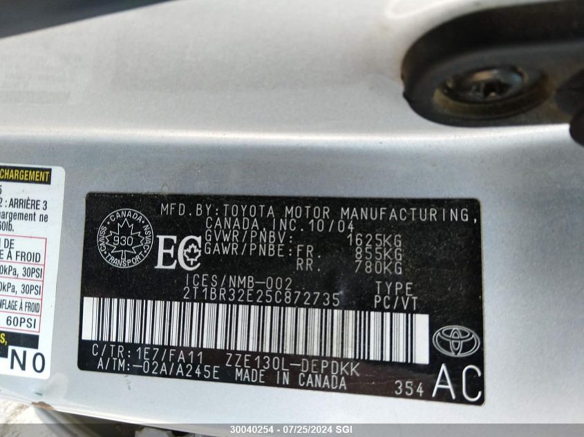 2005 Toyota Corolla Ce/Le/S VIN: 2T1BR32E25C872735 Lot: 30040254