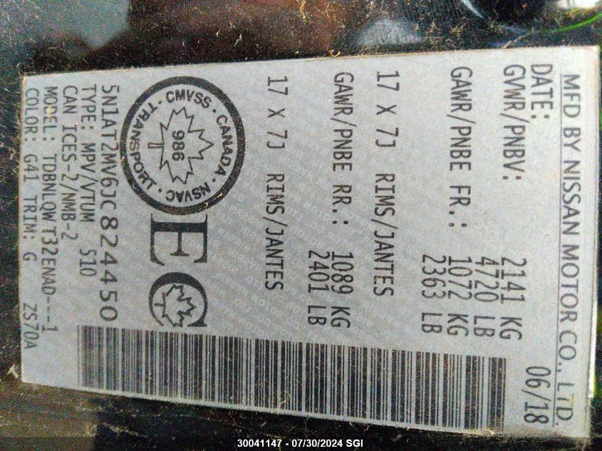 2018 Nissan Rogue Sv/Sl VIN: 5N1AT2MV6JC824450 Lot: 30041147