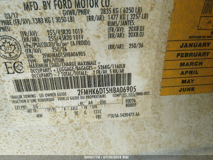 2017 Ford Flex Limited VIN: 2FMHK6DT5HBA06905 Lot: 30041774
