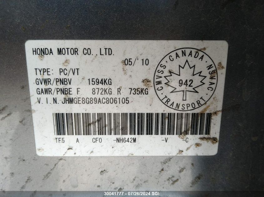 2010 Honda Fit Sport VIN: JHMGE8G89AC806105 Lot: 30041777