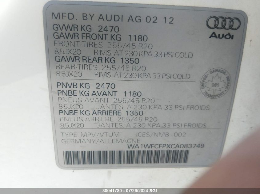 2012 Audi Q5 Prestige VIN: WA1WFCFPXCA083749 Lot: 30041780