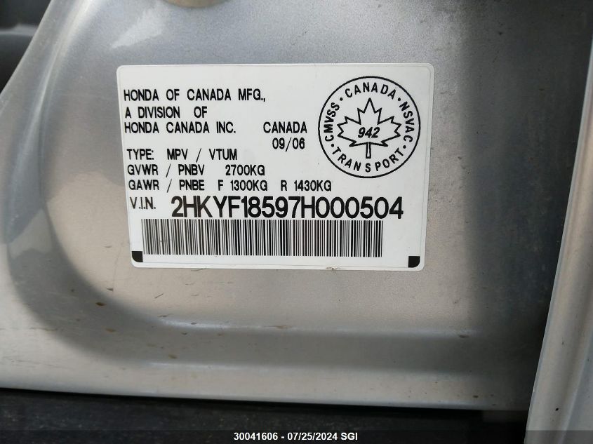 2007 Honda Pilot Exl VIN: 2HKYF18597H000504 Lot: 30041606