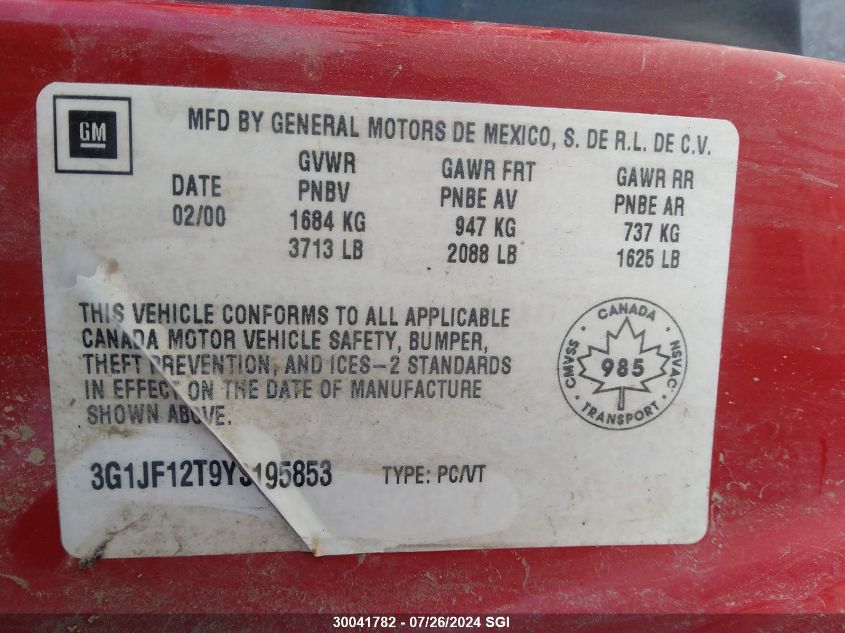 2000 Chevrolet Cavalier Z24 VIN: 3G1JF12T9YS195853 Lot: 30041782