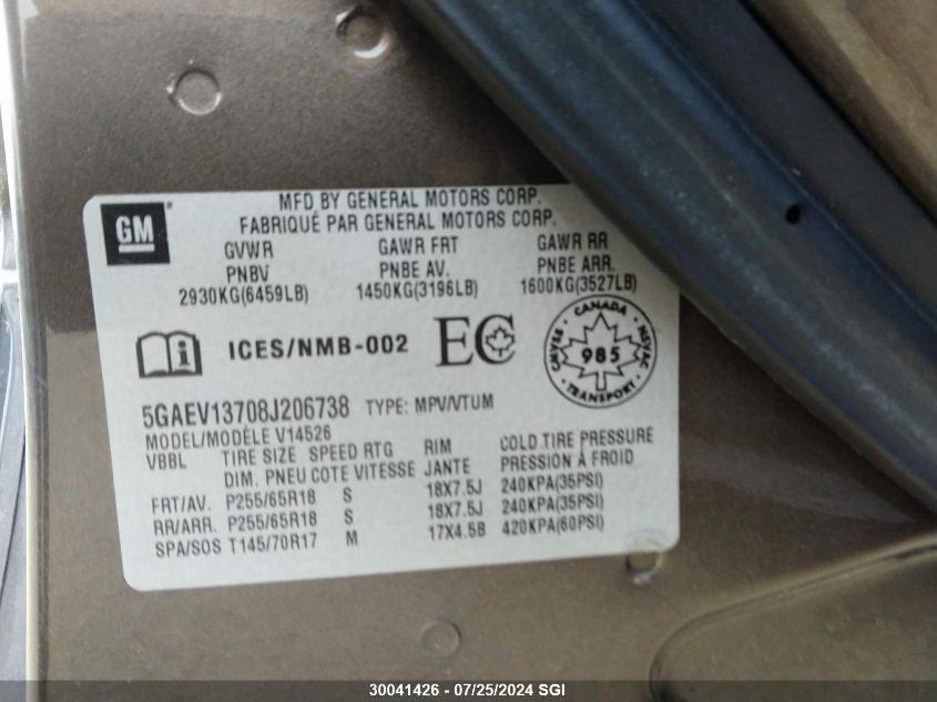 2008 Buick Enclave Cx VIN: 5GAEV13708J206738 Lot: 30041426