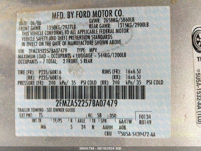 2007 Ford Freestar Sel VIN: 2FMZA52257BA07479 Lot: 30041784