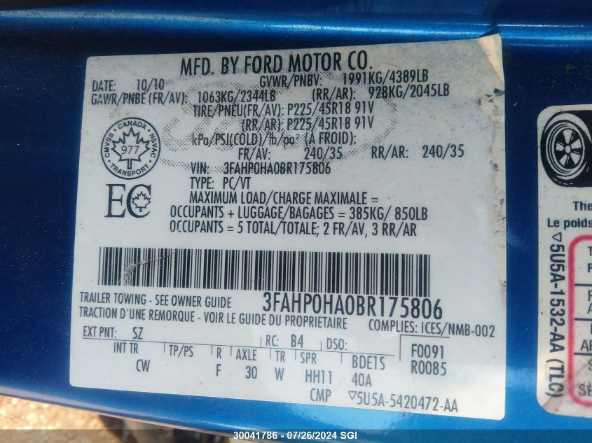 2011 Ford Fusion Se VIN: 3FAHP0HA0BR175806 Lot: 30041786