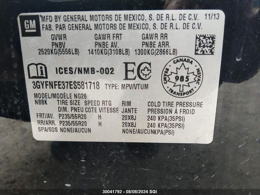 2014 Cadillac Srx Performance Collection VIN: 3GYFNFE37ES581718 Lot: 30041792