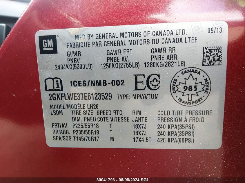 2014 GMC Terrain Sle VIN: 2GKFLWE37E6123529 Lot: 30041793