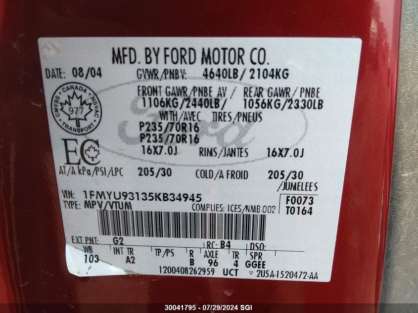 2005 Ford Escape Xlt VIN: 1FMYU93135KB34945 Lot: 30041795