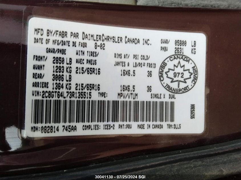 2003 Chrysler Town & Country Limited VIN: 2C8GT64L73R135515 Lot: 30041130