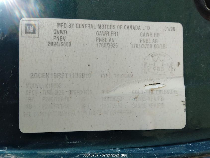 1996 Chevrolet Gmt-400 K1500 VIN: 2GCEK19R9T1159910 Lot: 30040707