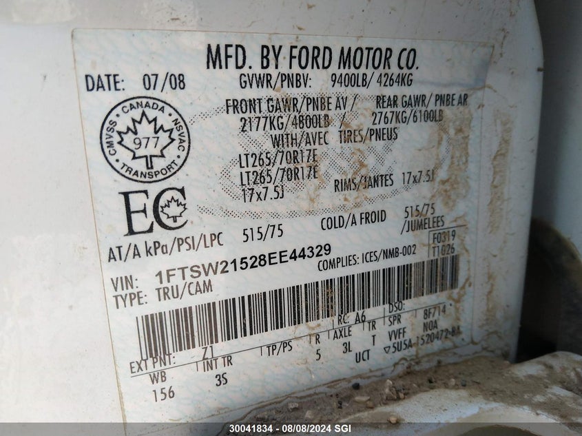 2008 Ford F250 Super Duty VIN: 1FTSW21528EE44329 Lot: 30041834