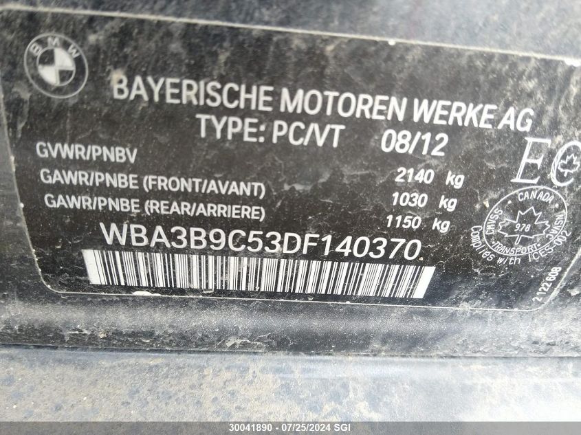 2013 BMW 335 Xi VIN: WBA3B9C53DF140370 Lot: 30041890