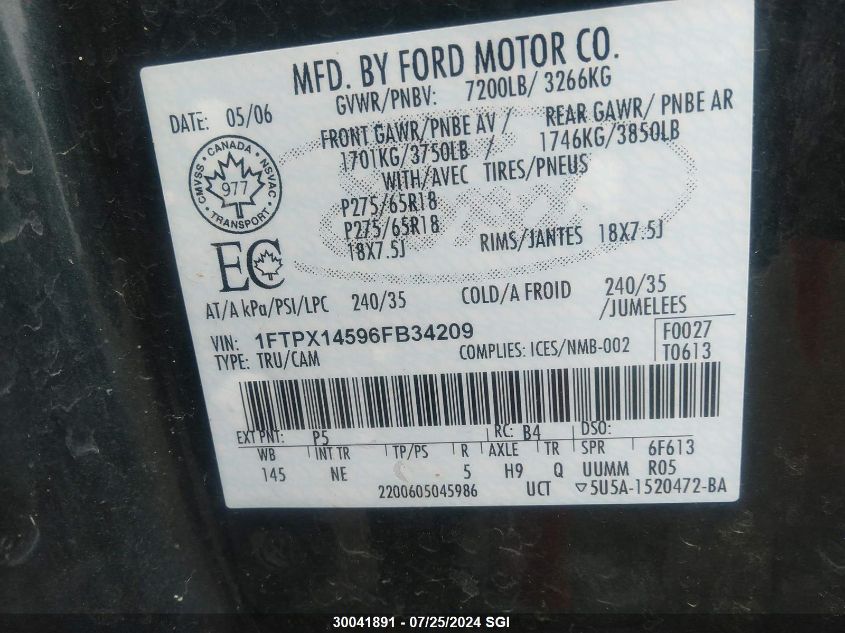 2006 Ford F150 VIN: 1FTPX14596FB34209 Lot: 30041891