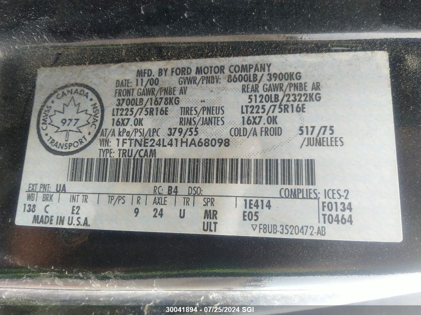 2001 Ford Econoline E250 Van VIN: 1FTNE24L41HA68098 Lot: 30041894