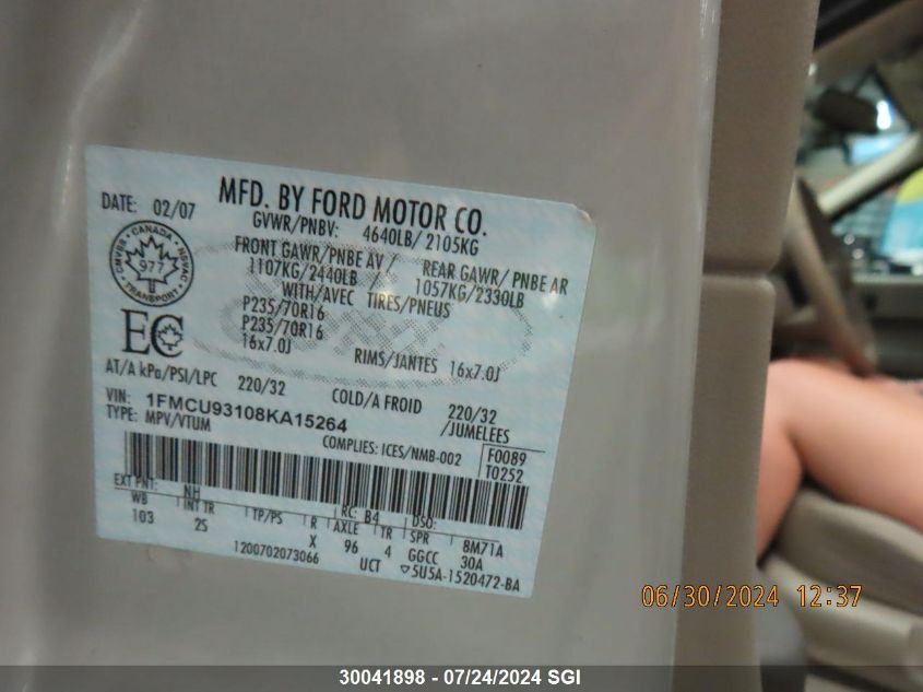 2008 Ford Escape Xlt VIN: 1FMCU93108KA15264 Lot: 30041898
