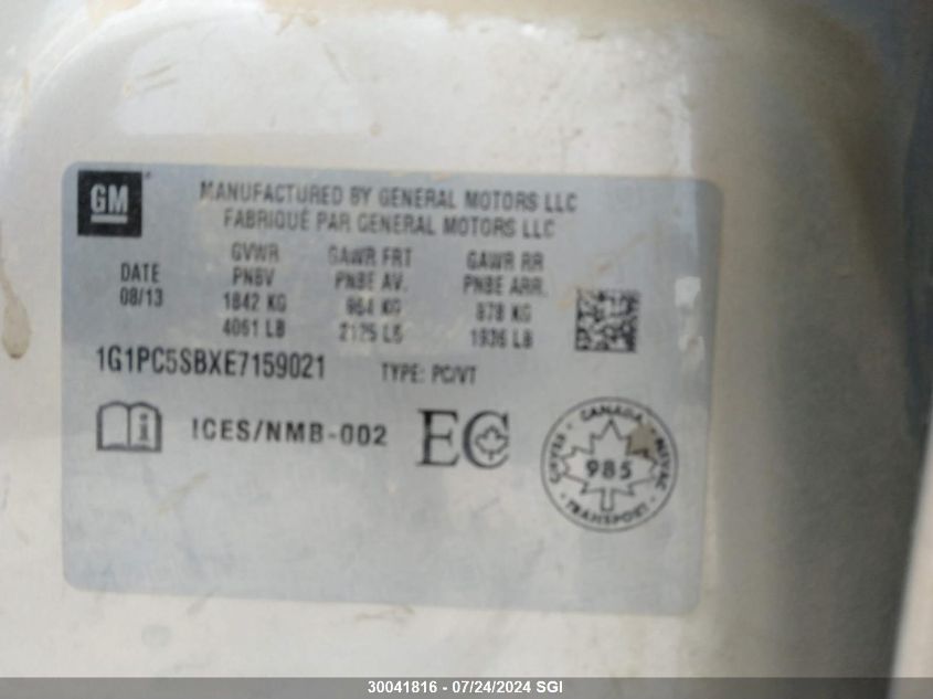 2014 Chevrolet Cruze Lt VIN: 1G1PC5SBXE7159021 Lot: 30041816