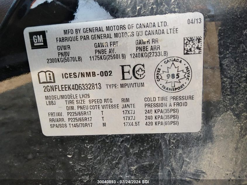 2013 Chevrolet Equinox Lt VIN: 2GNFLEEK4D6332813 Lot: 30040893