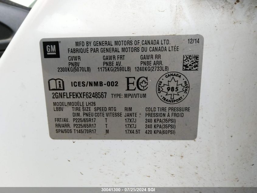 2015 Chevrolet Equinox Lt VIN: 2GNFLFEKXF6248567 Lot: 30041300