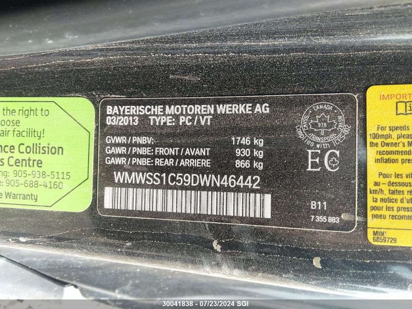 2013 Mini Cooper Paceman VIN: WMWSS1C59DWN46442 Lot: 30041838