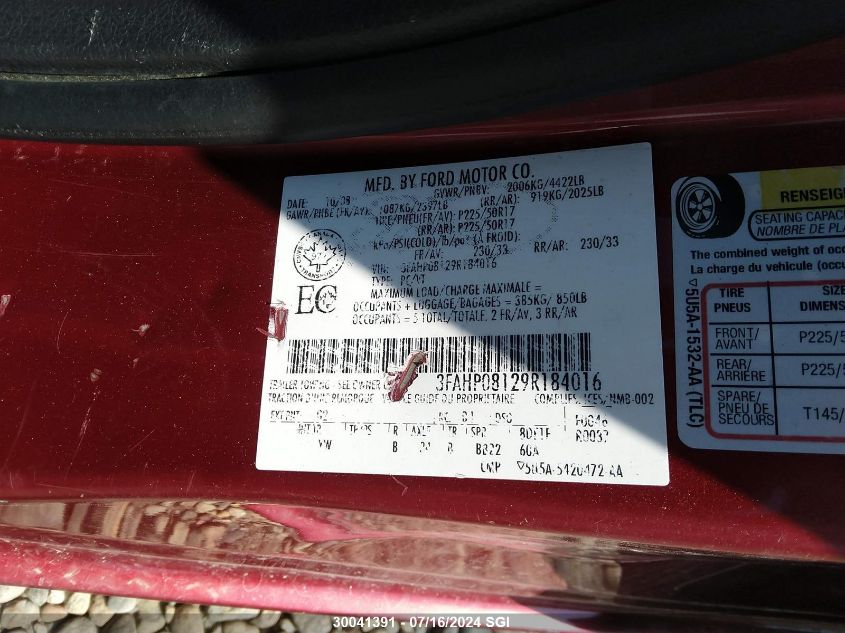 2009 Ford Fusion Sel VIN: 3FAHP08129R184016 Lot: 30041391