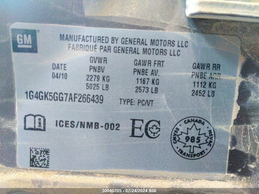 2010 Buick Allure/Lacrosse Cxl VIN: 1G4GK5GG7AF266439 Lot: 30040705