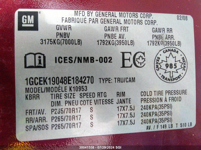 2008 Chevrolet Silverado K1500 VIN: 1GCEK19048E184270 Lot: 30041558