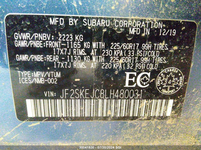 2020 Subaru Forester Touring VIN: JF2SKEJC8LH480031 Lot: 30041930