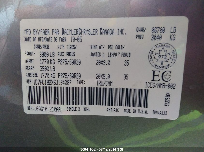 2006 Dodge Ram 1500 St/Slt VIN: 1D7HU182X6J134087 Lot: 30041932