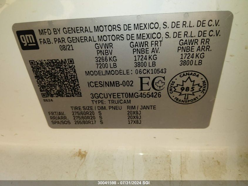 2021 Chevrolet Silverado K1500 Rst VIN: 3GCUYEET0MG455426 Lot: 30041598