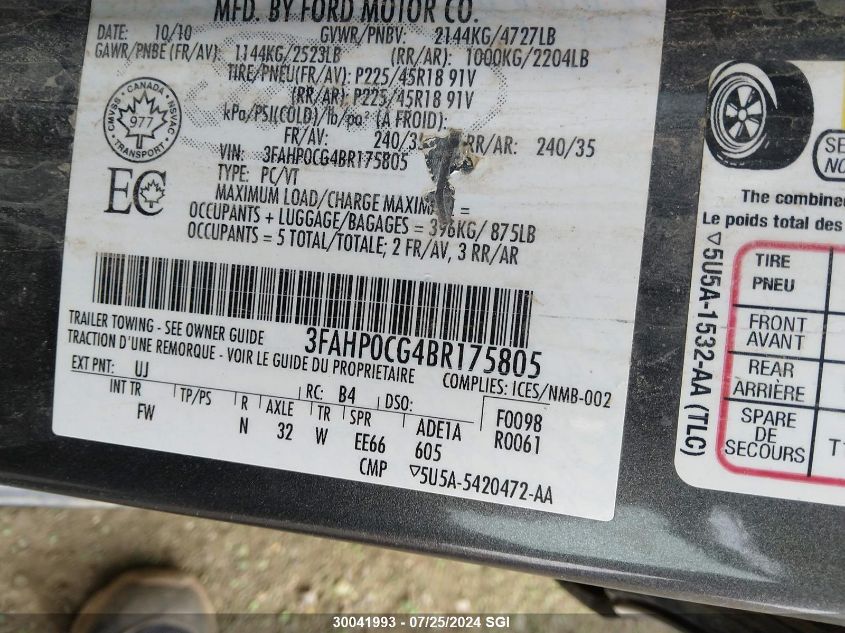 2011 Ford Fusion Sel VIN: 3FAHP0CG4BR175805 Lot: 30041993