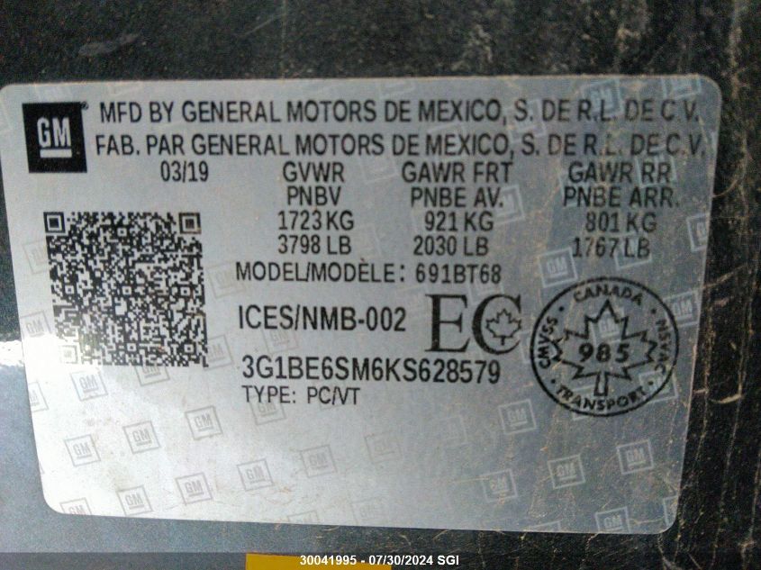 2019 Chevrolet Cruze Lt VIN: 3G1BE6SM6KS628579 Lot: 30041995