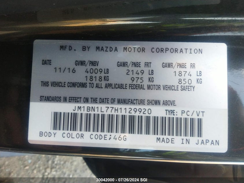 2017 Mazda 3 Touring VIN: JM1BN1L77H1129920 Lot: 30042000