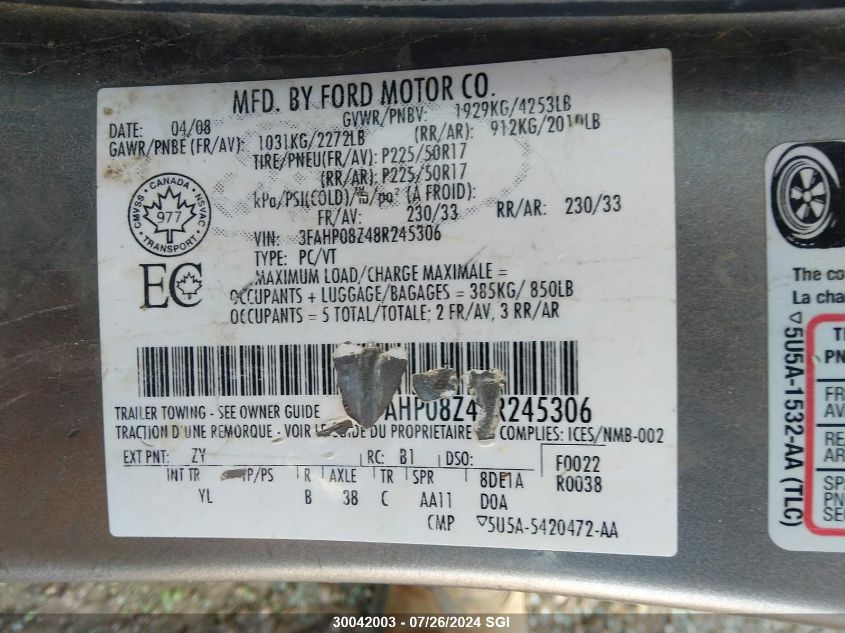 2008 Ford Fusion Sel VIN: 3FAHP08Z48R245306 Lot: 30042003