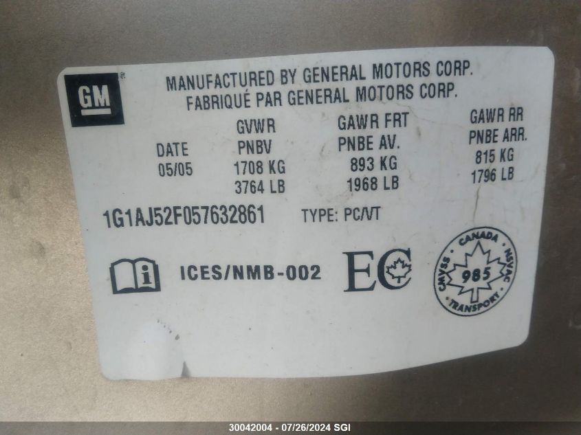 2005 Chevrolet Cobalt VIN: 1G1AJ52F057632861 Lot: 30042004