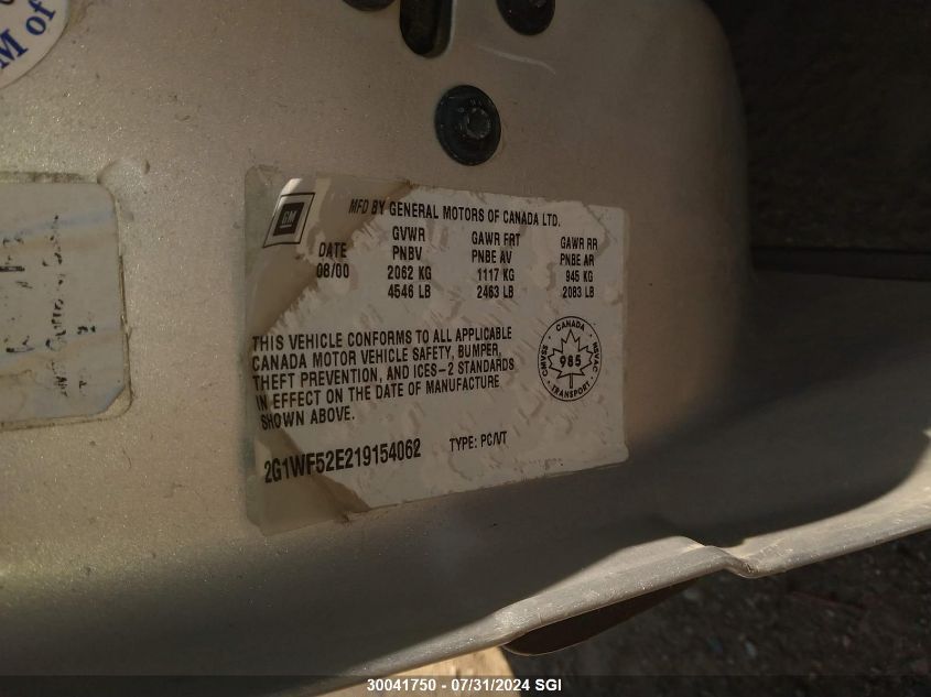 2001 Chevrolet Impala VIN: 2G1WF52E219154062 Lot: 30041750