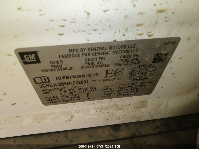 2016 Chevrolet Trax 1Lt VIN: 3GNCJLSB5GL222001 Lot: 30041971