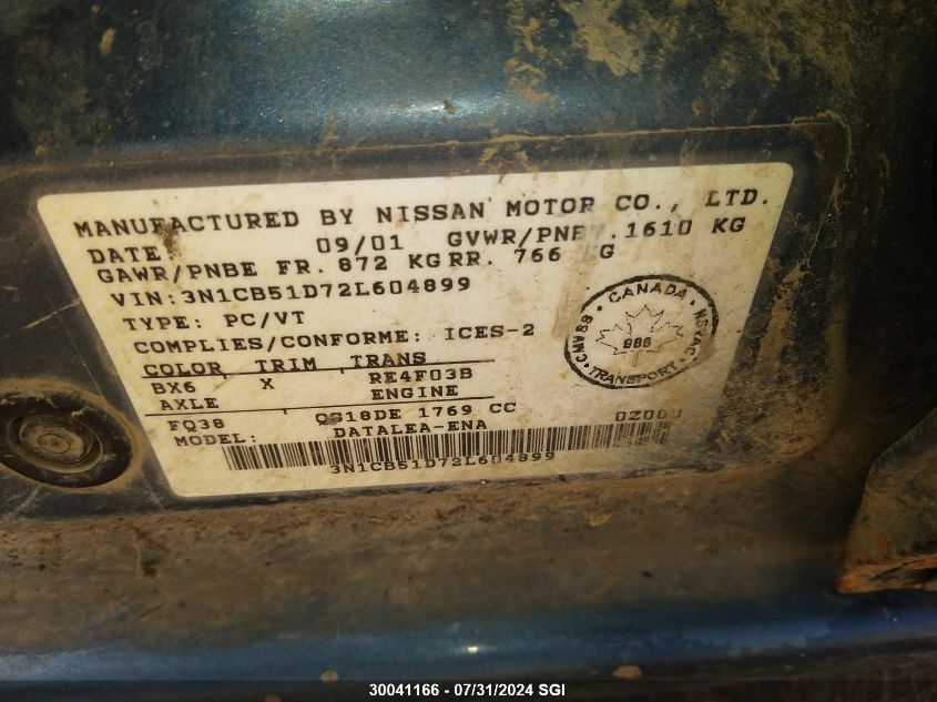 2002 Nissan Sentra Xe/Gxe VIN: 3N1CB51D72L604899 Lot: 30041166